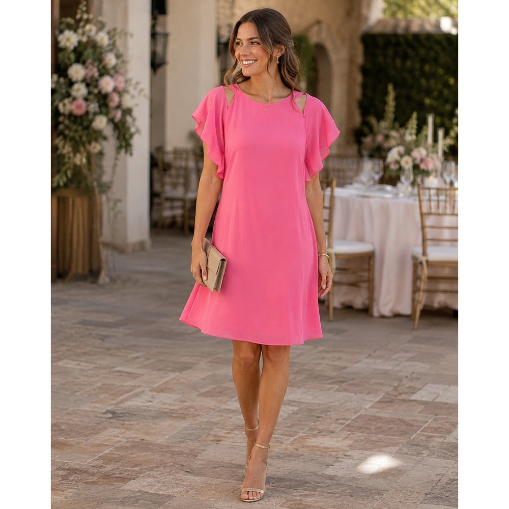 392. Vince Camuto  Wedding Guest Pink Ruffle Sleeve Cold Shoulder Shift Dress